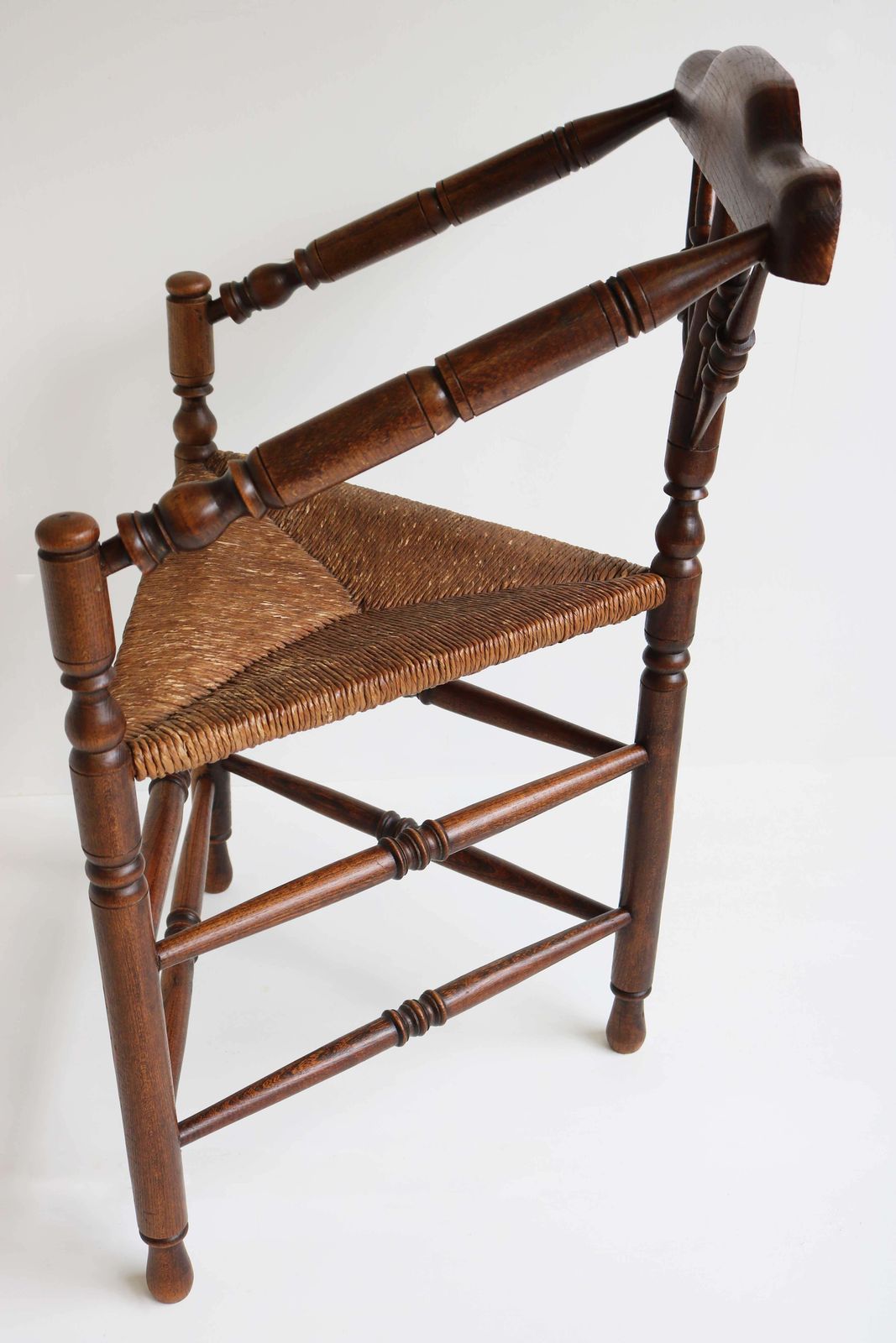 photo vinterior Antique Edwardian Style Triangular Corner Chair Rush Seat Knitting Armchair 1900