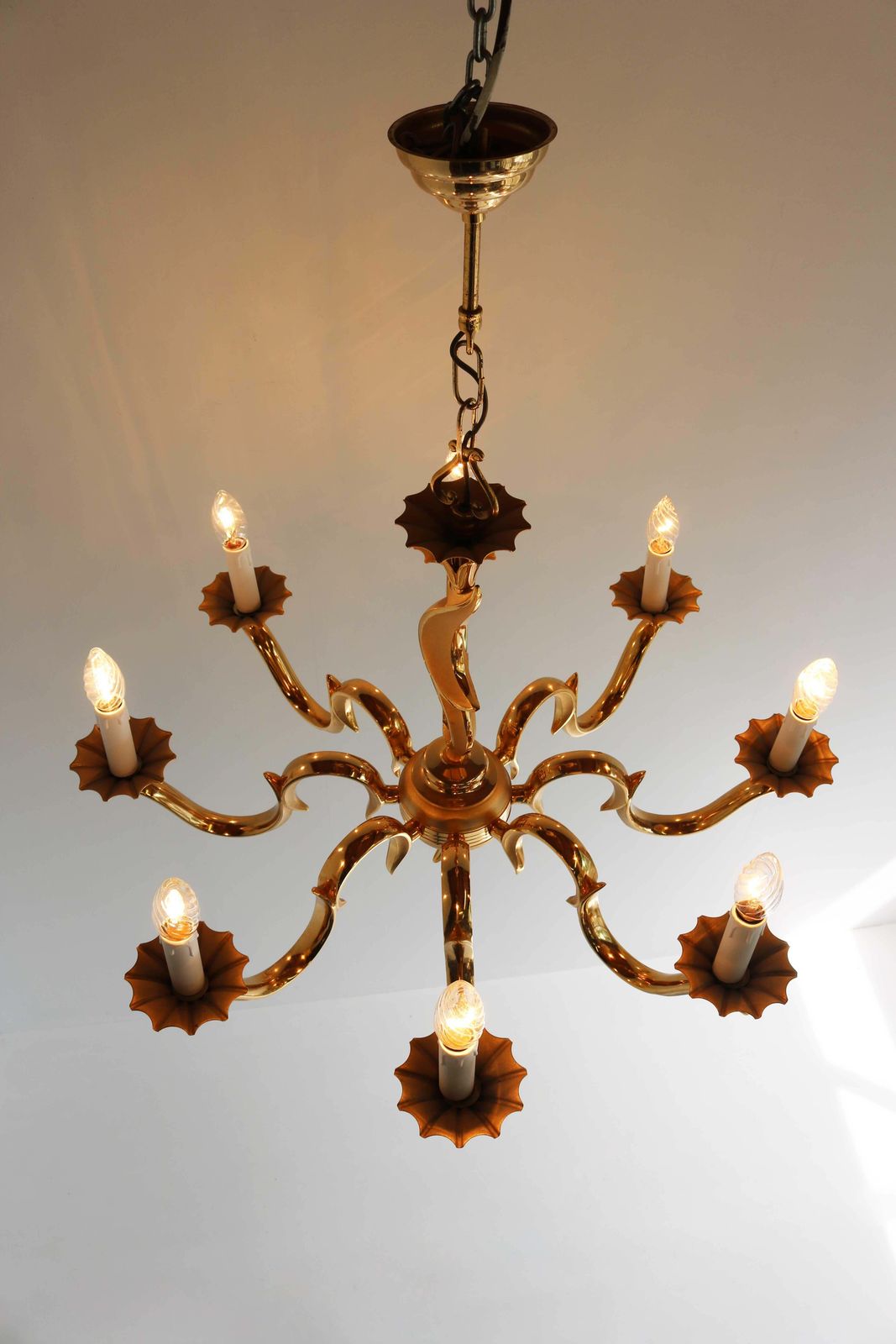 photo for sale French Couple / Set Golden Chandeliers Hollywood Regency Style Metal/ Brass 1970