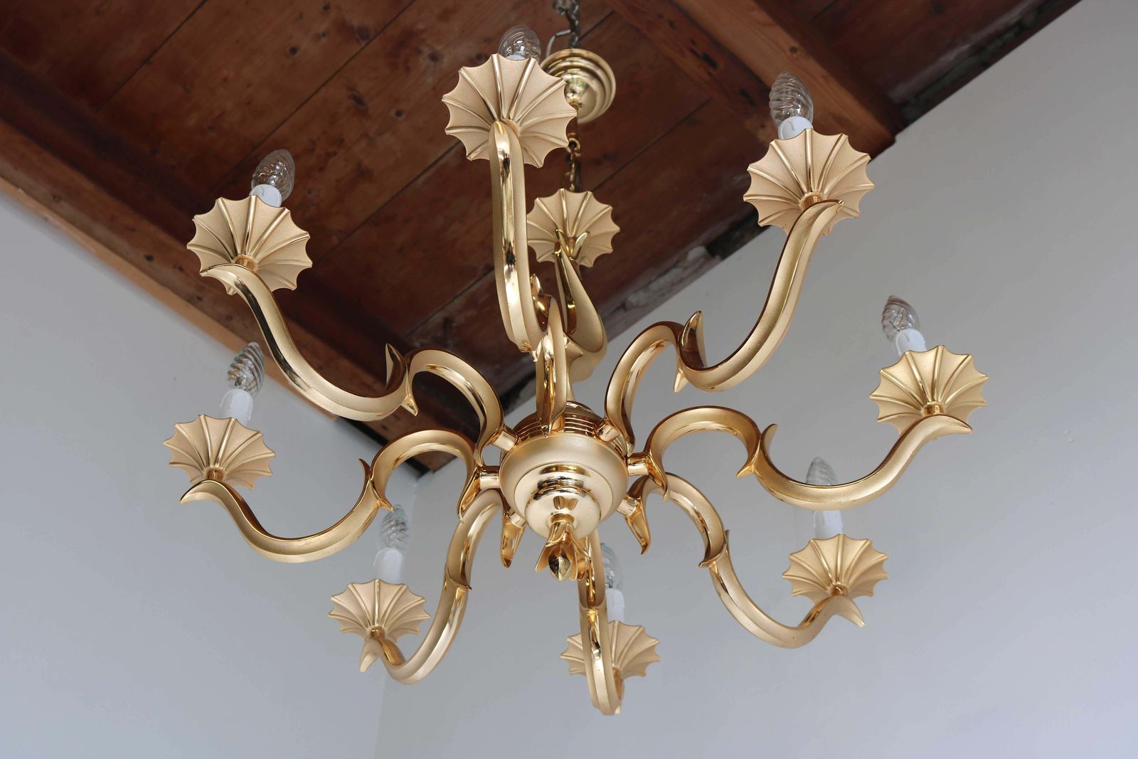 photo vinterior French Couple / Set Golden Chandeliers Hollywood Regency Style Metal/ Brass 1970