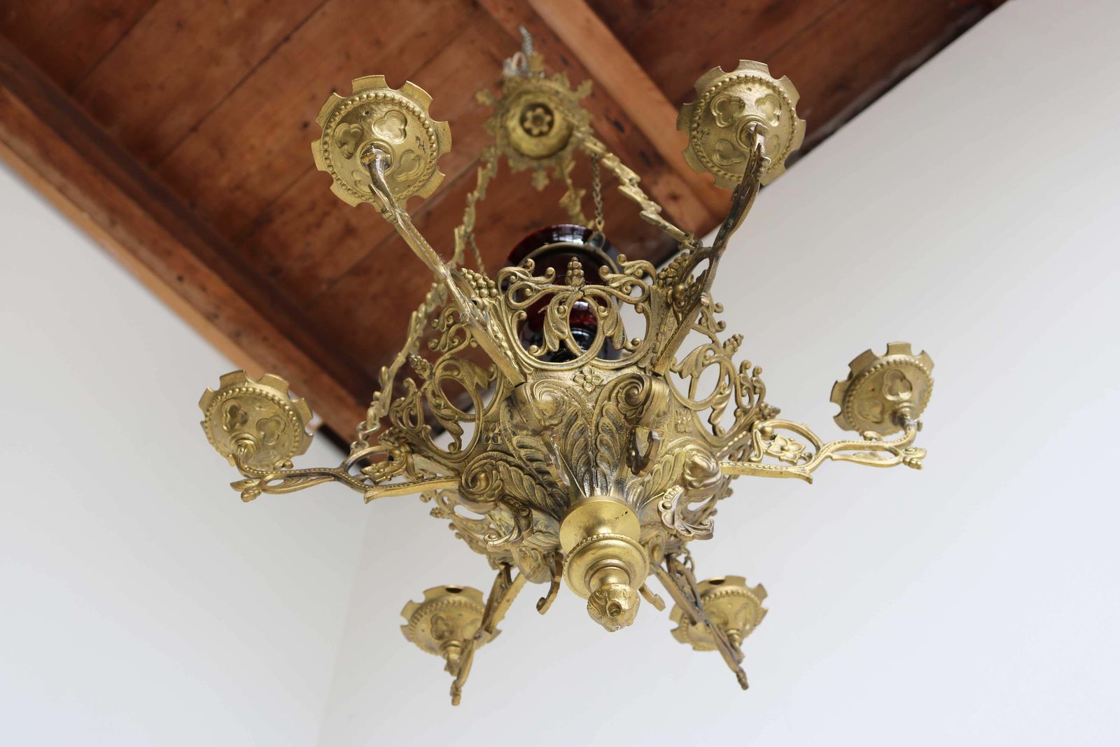 God Lamp / Church Chandelier Brass Early 20th Century Sanctuary Lamp Art Nouveau photo vinterior