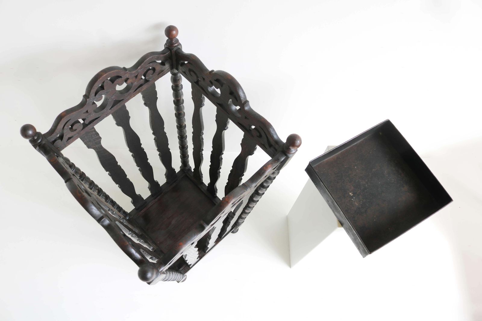 photo vinterior Early 20th Century French Oakwood Umbrella Cane Stick Hall Stand, Drip Tray