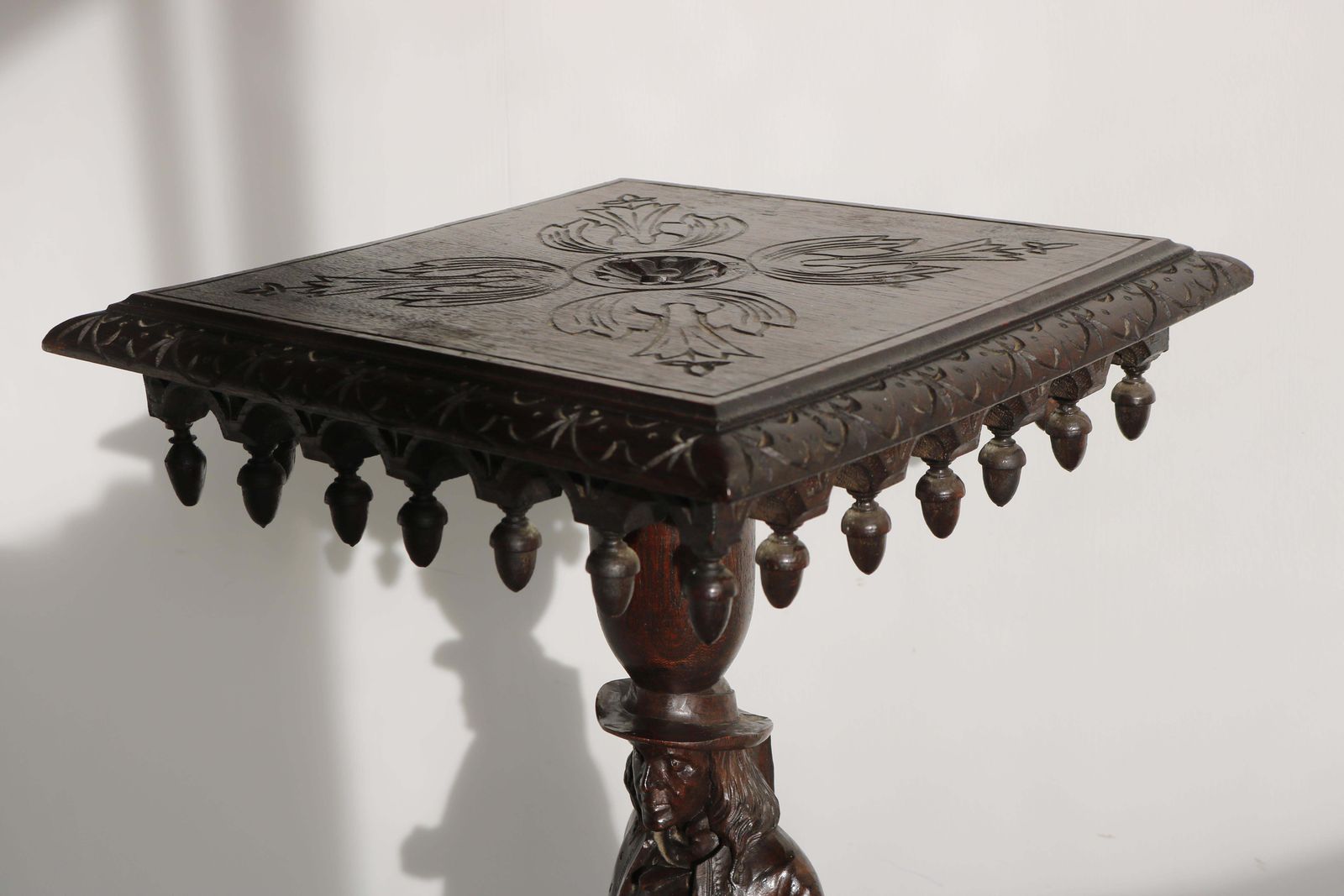 Antique French Breton Brittany Pedestal Table 19th Century Figural Carved Oak photo vintage