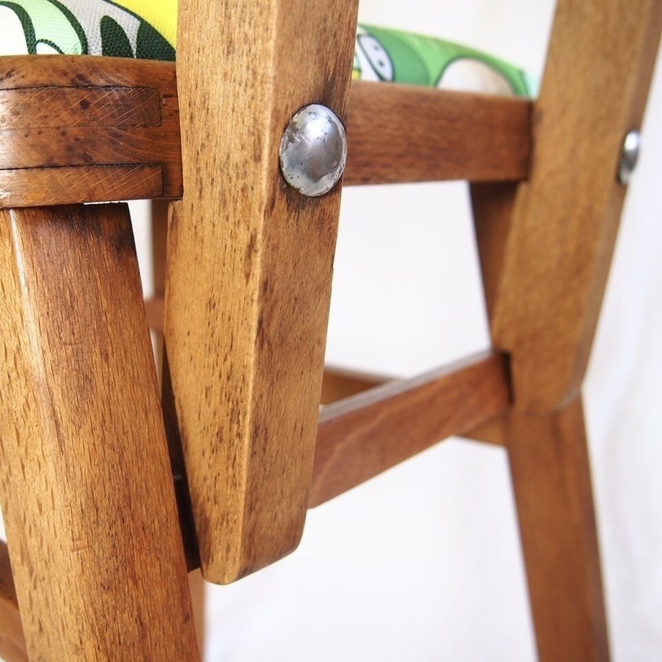 photo furniture Children’s Stool. 1950’s Classic Square Stool With A Drop In Seat And Back Rest. Modern Green Funky Upholstery.