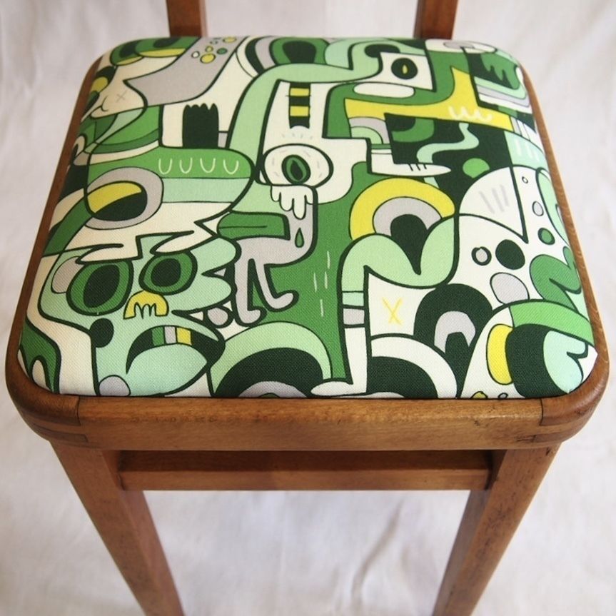 100.0 Children’s Stool. 1950’s Classic Square Stool With A Drop In Seat And Back Rest. Modern Green Funky Upholstery. photo