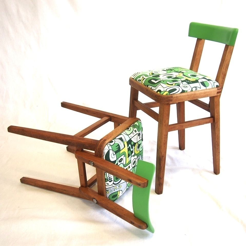 Children’s Stool. 1950’s Classic Square Stool With A Drop In Seat And Back Rest. Modern Green Funky Upholstery.