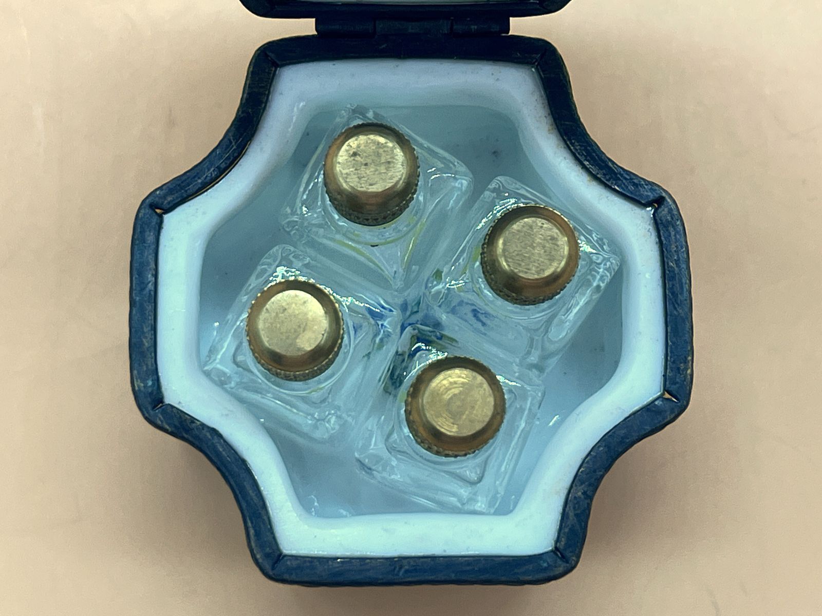 Limoges Porcelain Cobalt & Gold Trinket Box With 4 Internal Glass Perfume Bottles. photo vintage