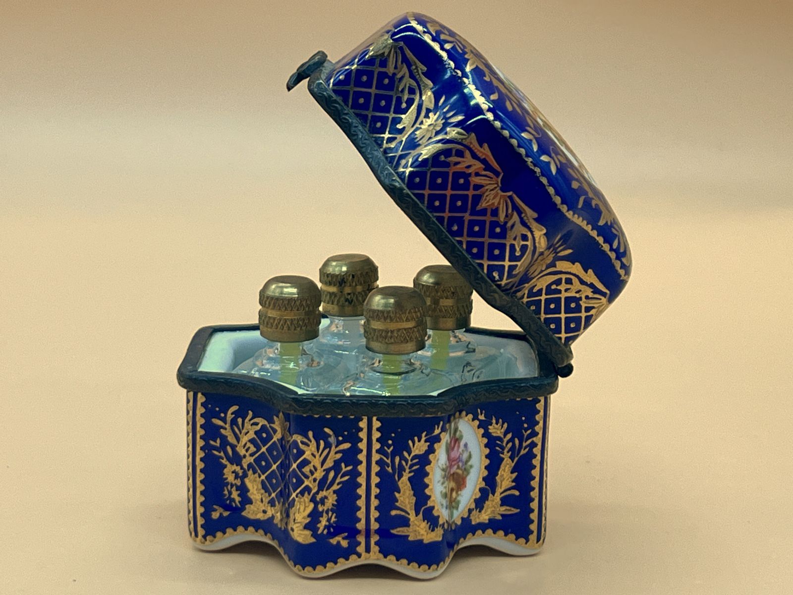 photo furniture Limoges Porcelain Cobalt & Gold Trinket Box With 4 Internal Glass Perfume Bottles.