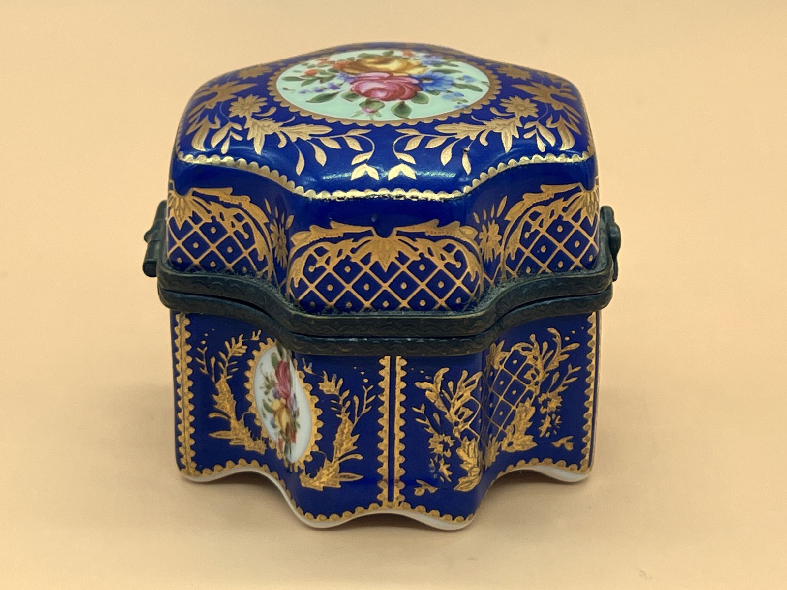 photo for sale Limoges Porcelain Cobalt & Gold Trinket Box With 4 Internal Glass Perfume Bottles.