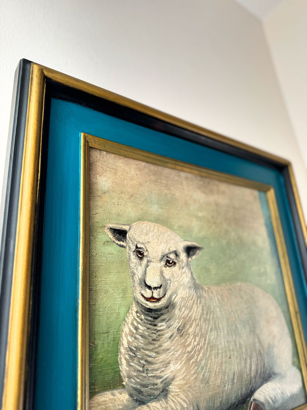 photo furniture Antique Oil On Board — Sheep Pastoral, Framed