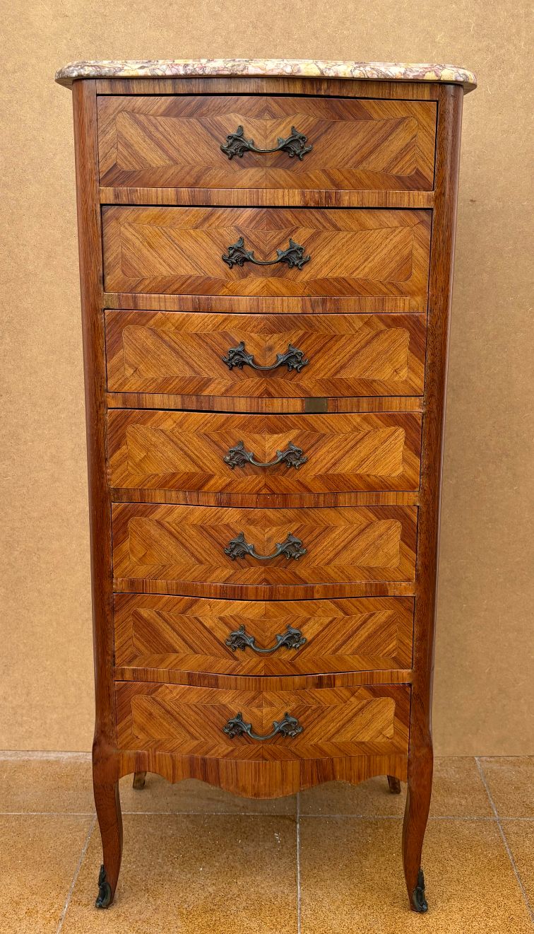 French Marquetry And Marble Top Tall Chest Of Seven Drawers photo vintage