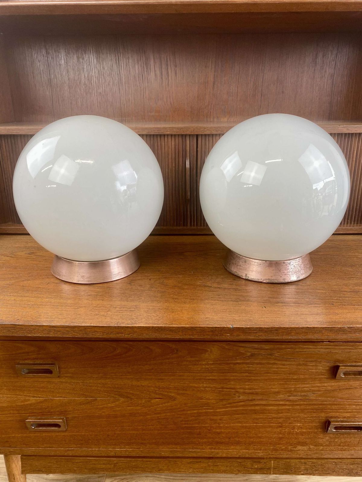 ‘Falks” Pair Of Globe Opaline Pendant Lights photo furniture