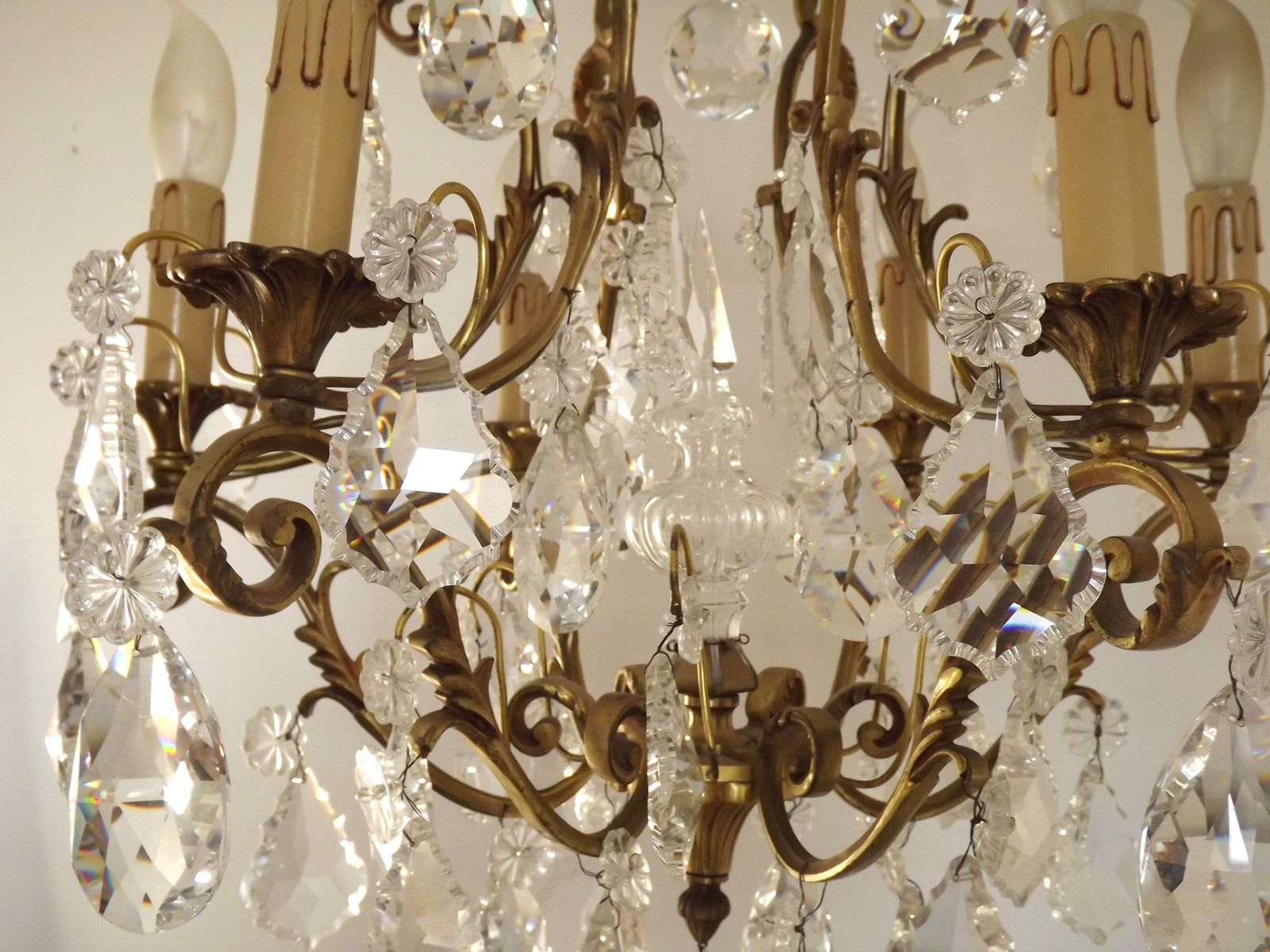 Large French Art Nouveau Acanthus 6 Light Bronze & Crystal Cage Chandelier photo buy