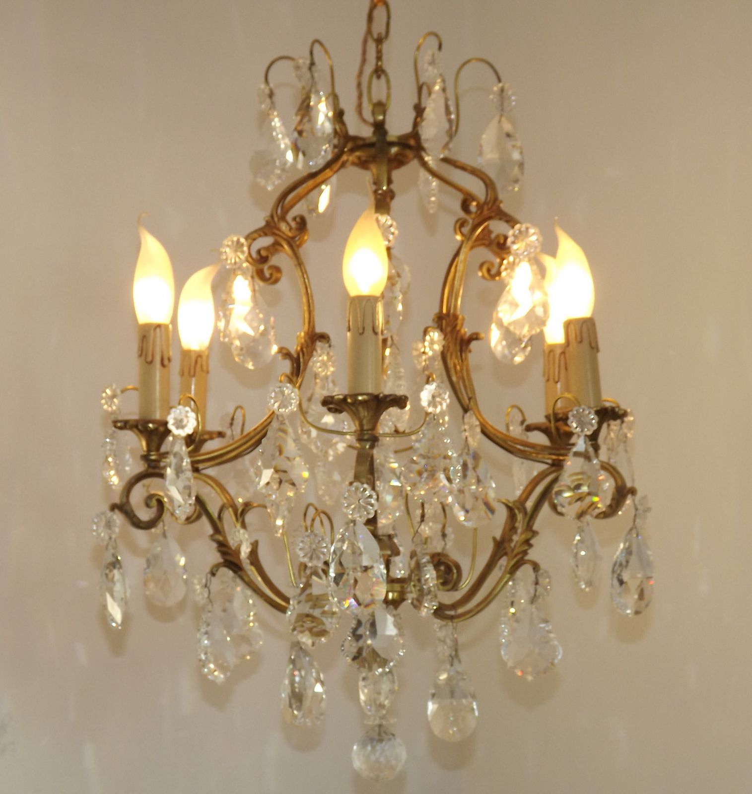 Large French Art Nouveau Acanthus 6 Light Bronze & Crystal Cage Chandelier photo Lighting