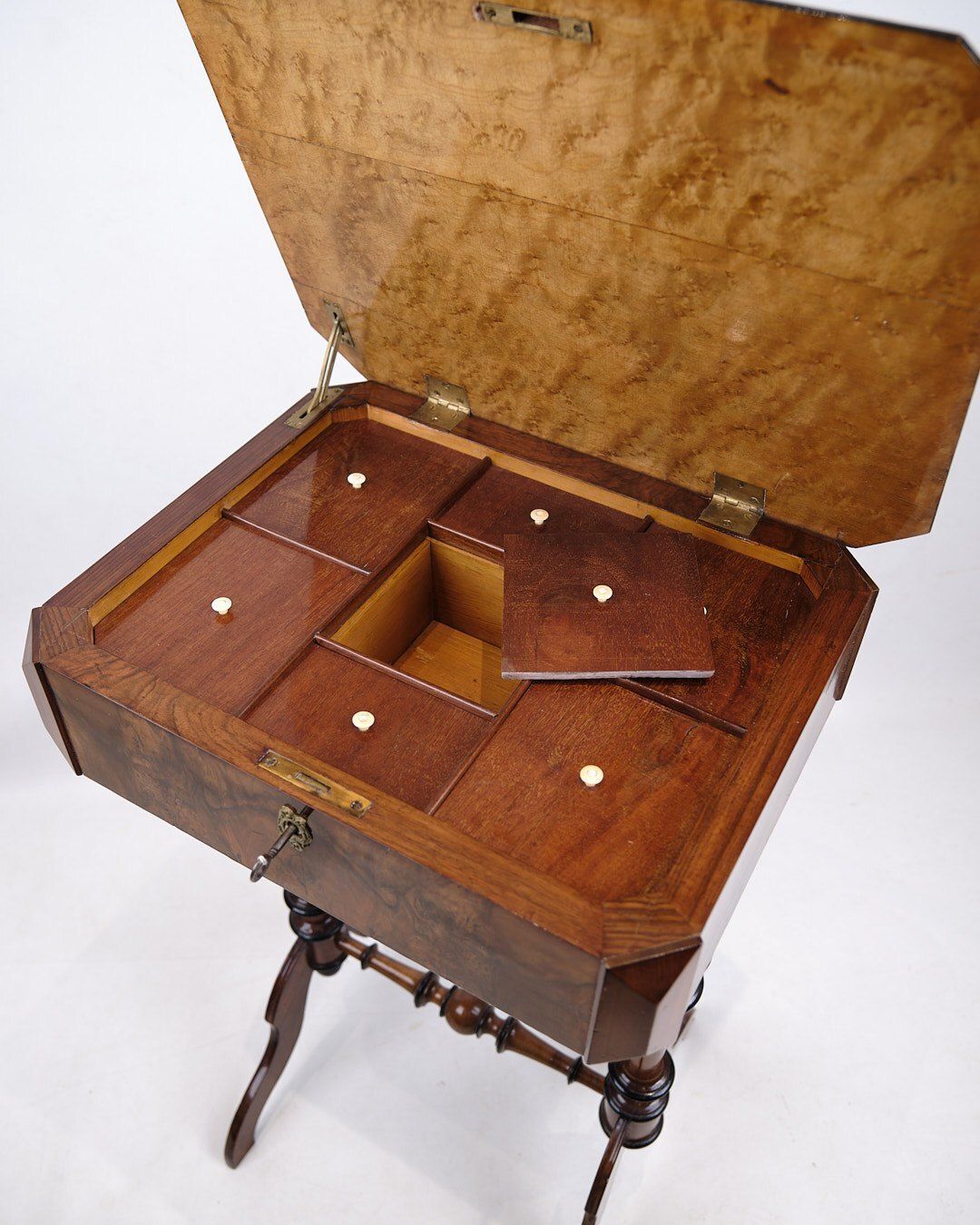 Antique Sewing/Side Table With Built In Storage   Hand Polished Mahogany   Turned Legs   Year 1890s photo buy