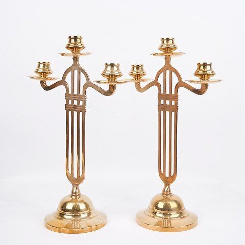 Set Of Two Tall Three Armed Candlesticks   Brass   Art Nouveau Style   1920s