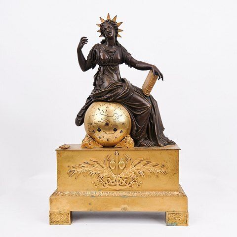French Mantel Clock   Bronze   Decorated With Female Figure With Radiant Crown And Book   Paris   Year 1820s