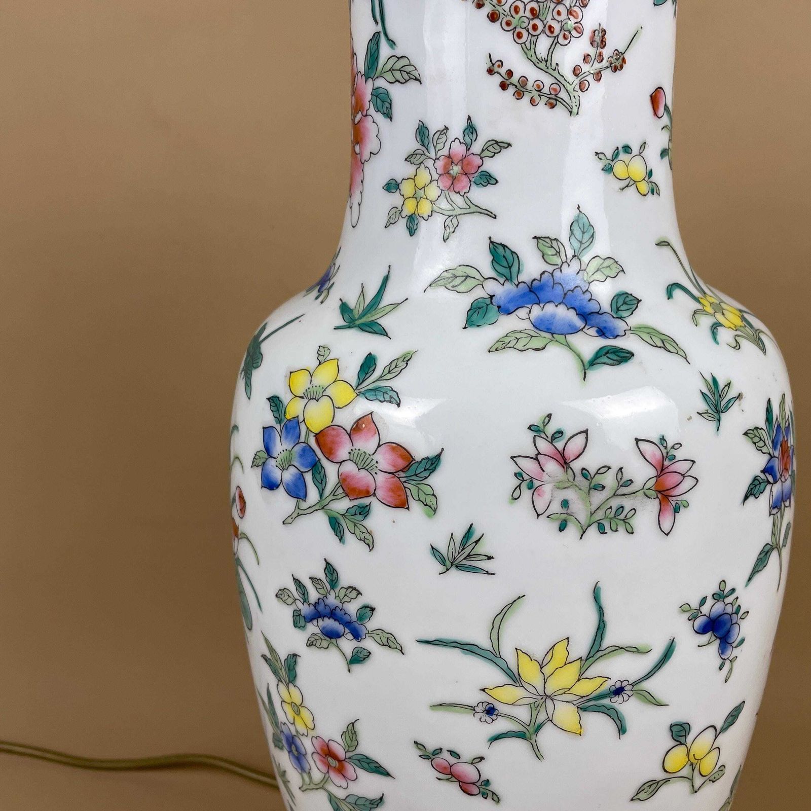 Vintage Large Ceramic Lamp Light Bedside Table Hand Painted Floral Design White Oriental Chinese Vase Cottage Antique Brass Top Wood Base photo furniture