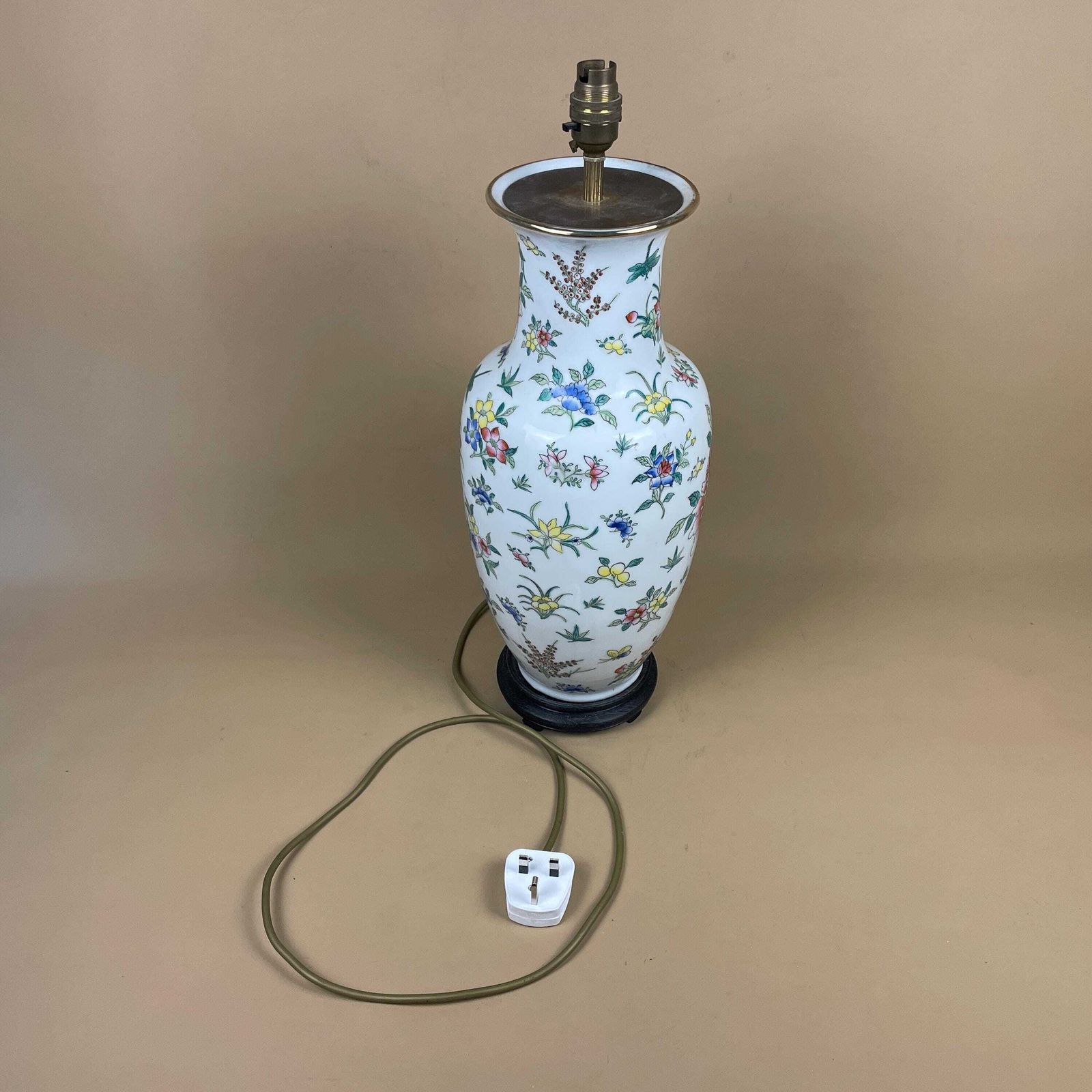 photo for sale Vintage Large Ceramic Lamp Light Bedside Table Hand Painted Floral Design White Oriental Chinese Vase Cottage Antique Brass Top Wood Base