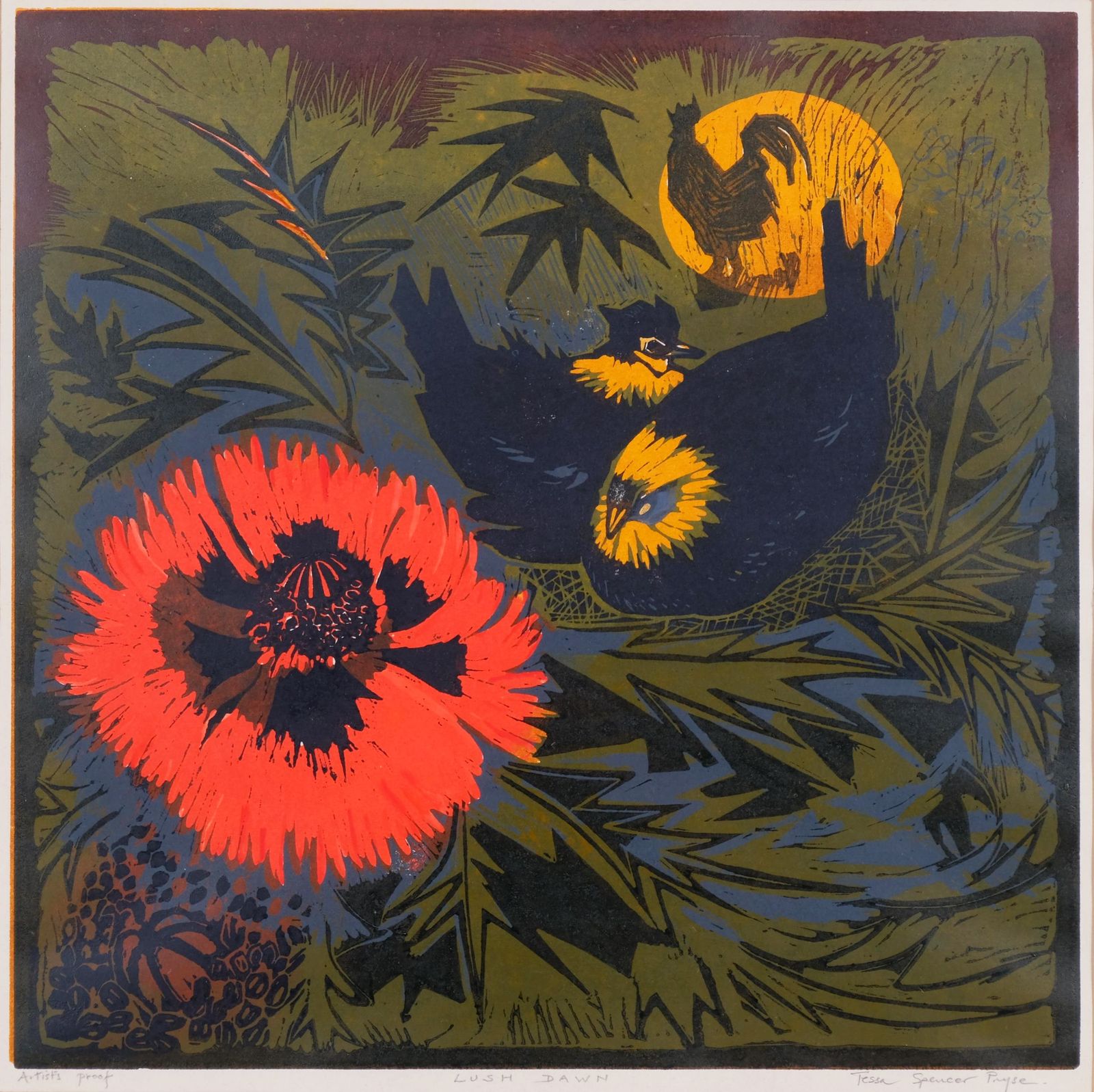 Large Vintage Linocut "Lush Dawn" By Tessa Spencer Pryse Rba