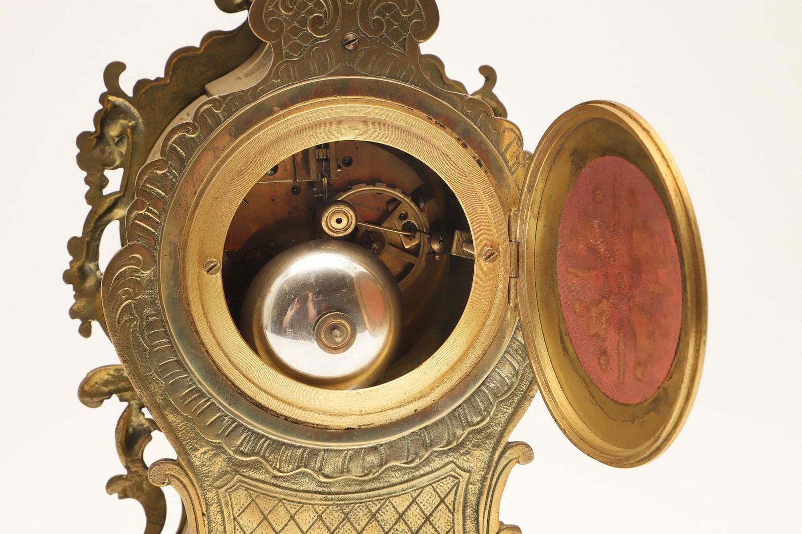 photo for sale Rococo Brass Mantel Clock Antique French Late 19th C, Enamel Dial Signed Bardino