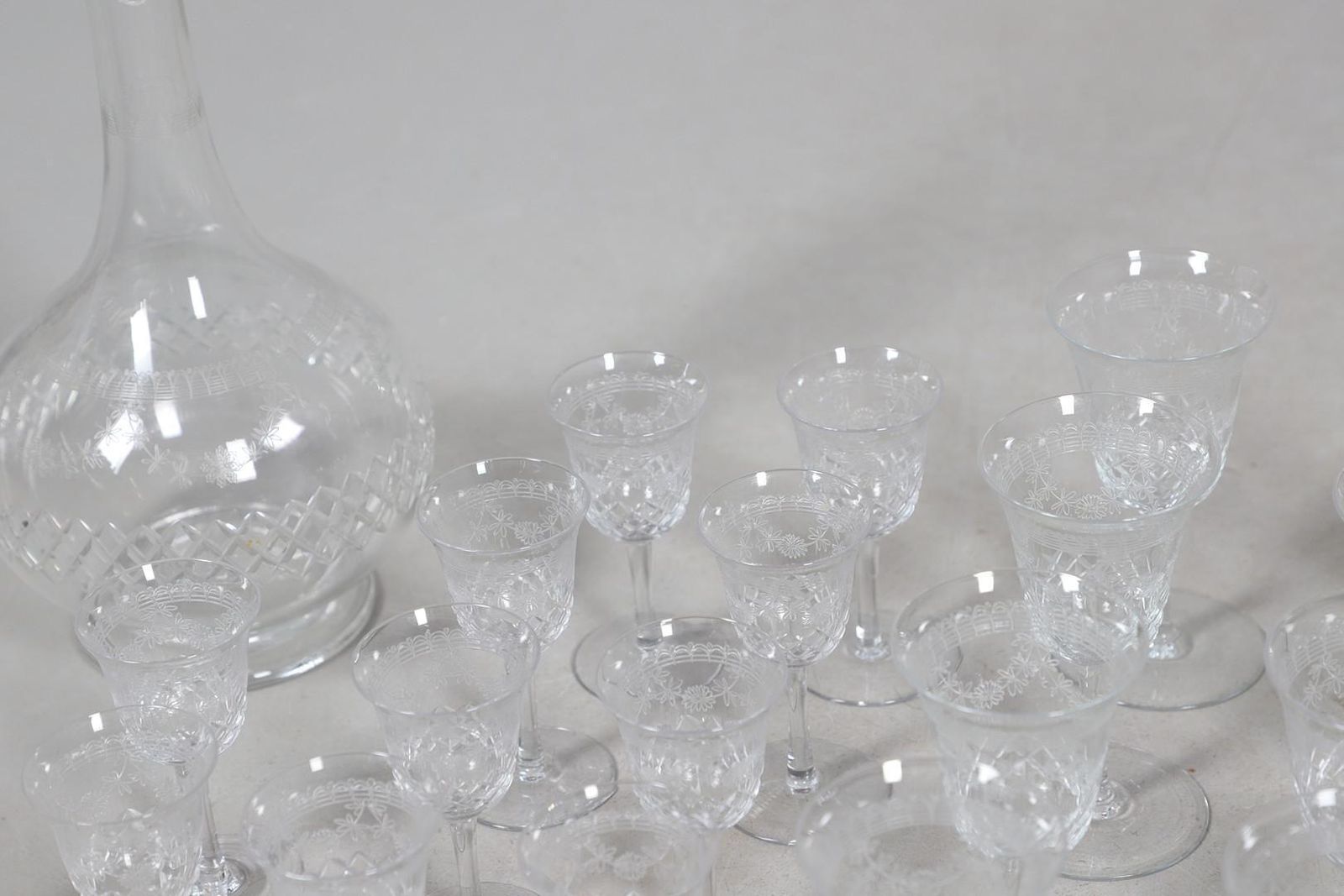 Crystal Decanters Stemware, Antique Cut Glass Table Suite Etched Faceted Design photo buy
