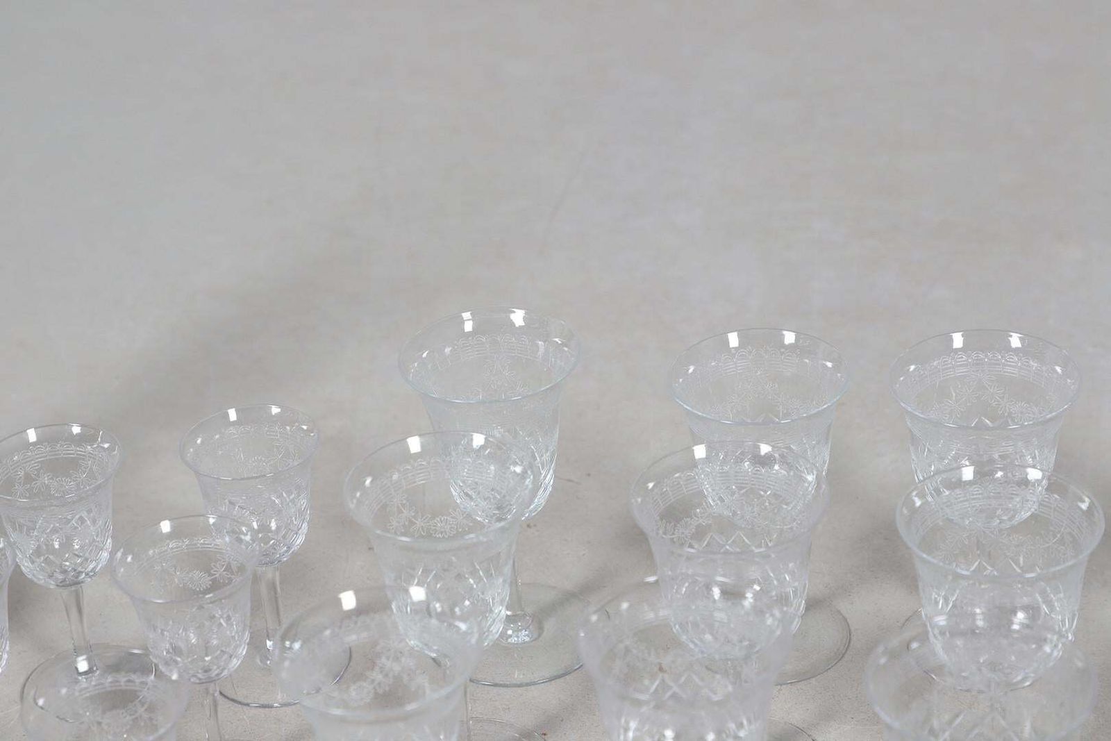 Crystal Decanters Stemware, Antique Cut Glass Table Suite Etched Faceted Design photo vintage