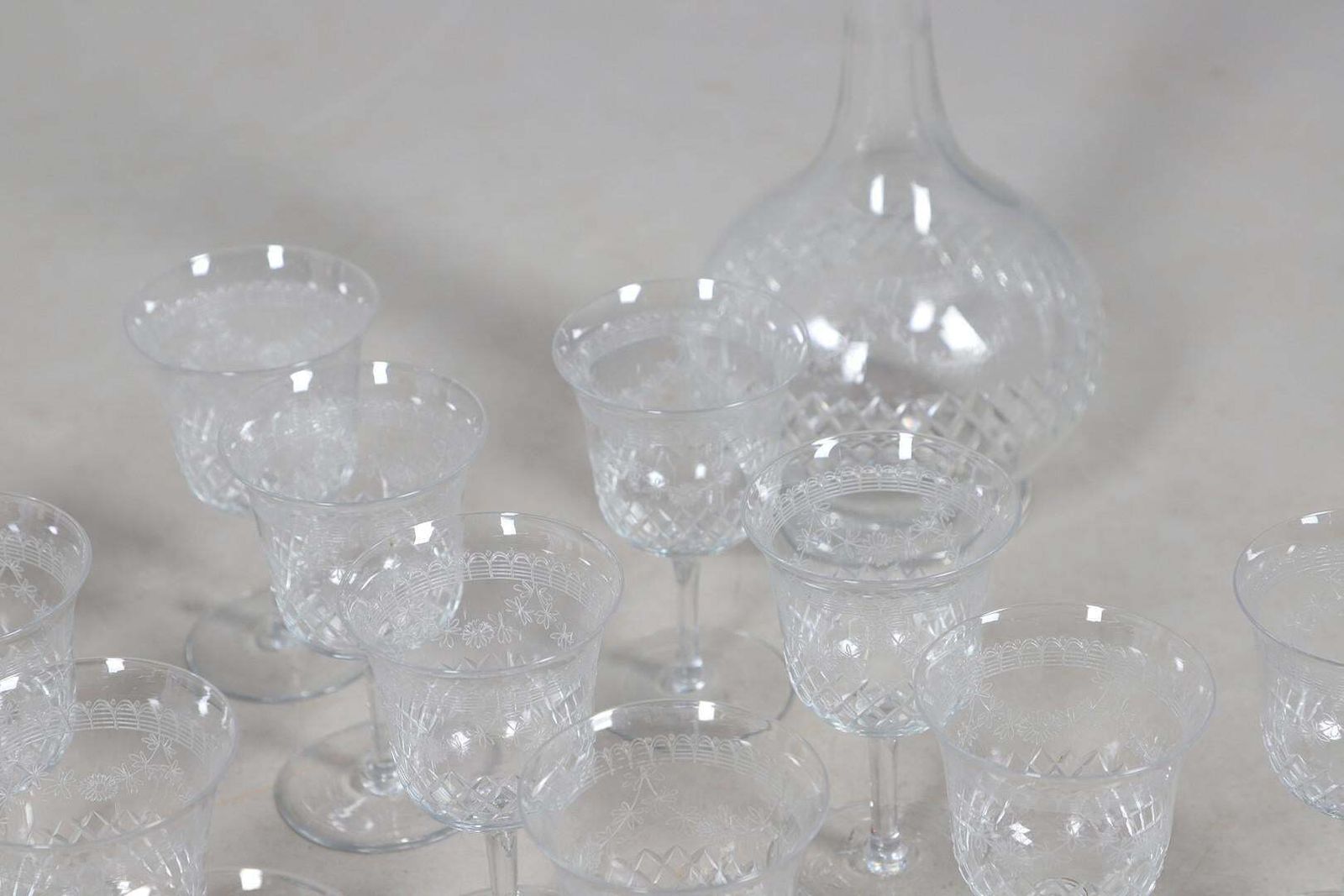 photo buy Crystal Decanters Stemware, Antique Cut Glass Table Suite Etched Faceted Design