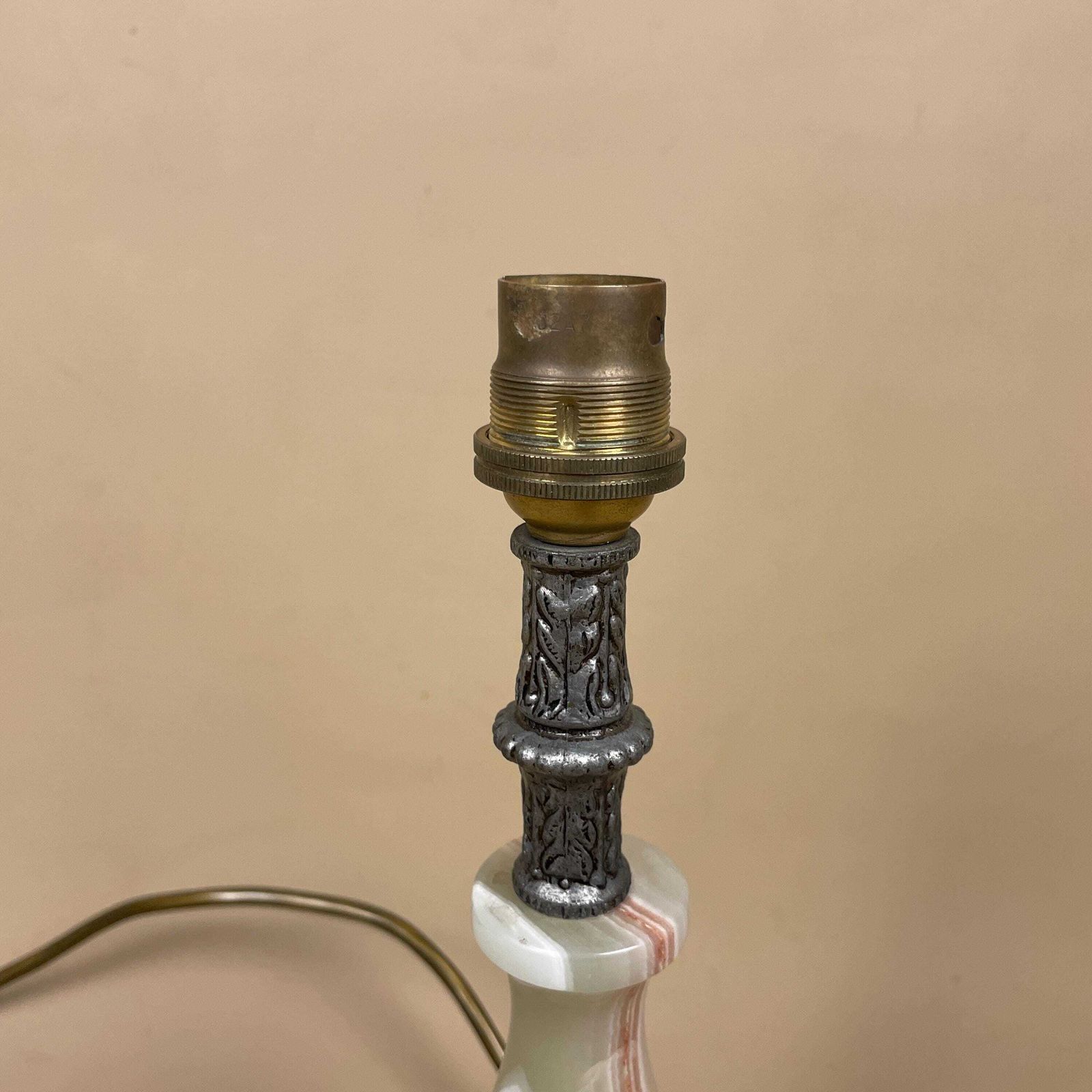 Antique Green Onyx Marble Lamp Light Bedside Brass Gold Metal Ornate Vintage Round Base Marbled Pattern Classic Column Natural photo for sale