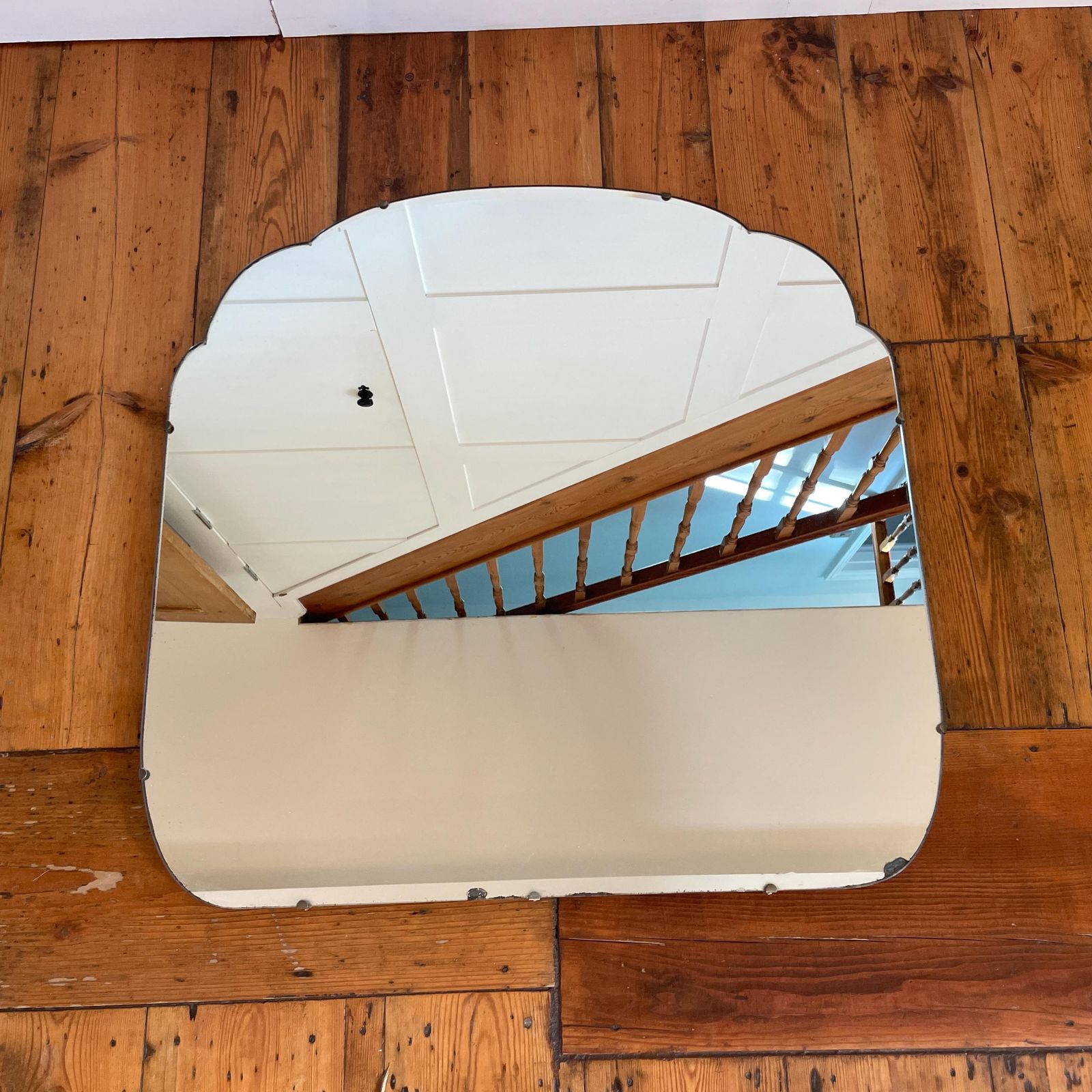 Antique Art Deco Wall Mirror Scalloped Edge C.1930s Vintage Original Wood Backing Classic Geometric Vanity Or Hallway Mirror Large Heavy photo vintage