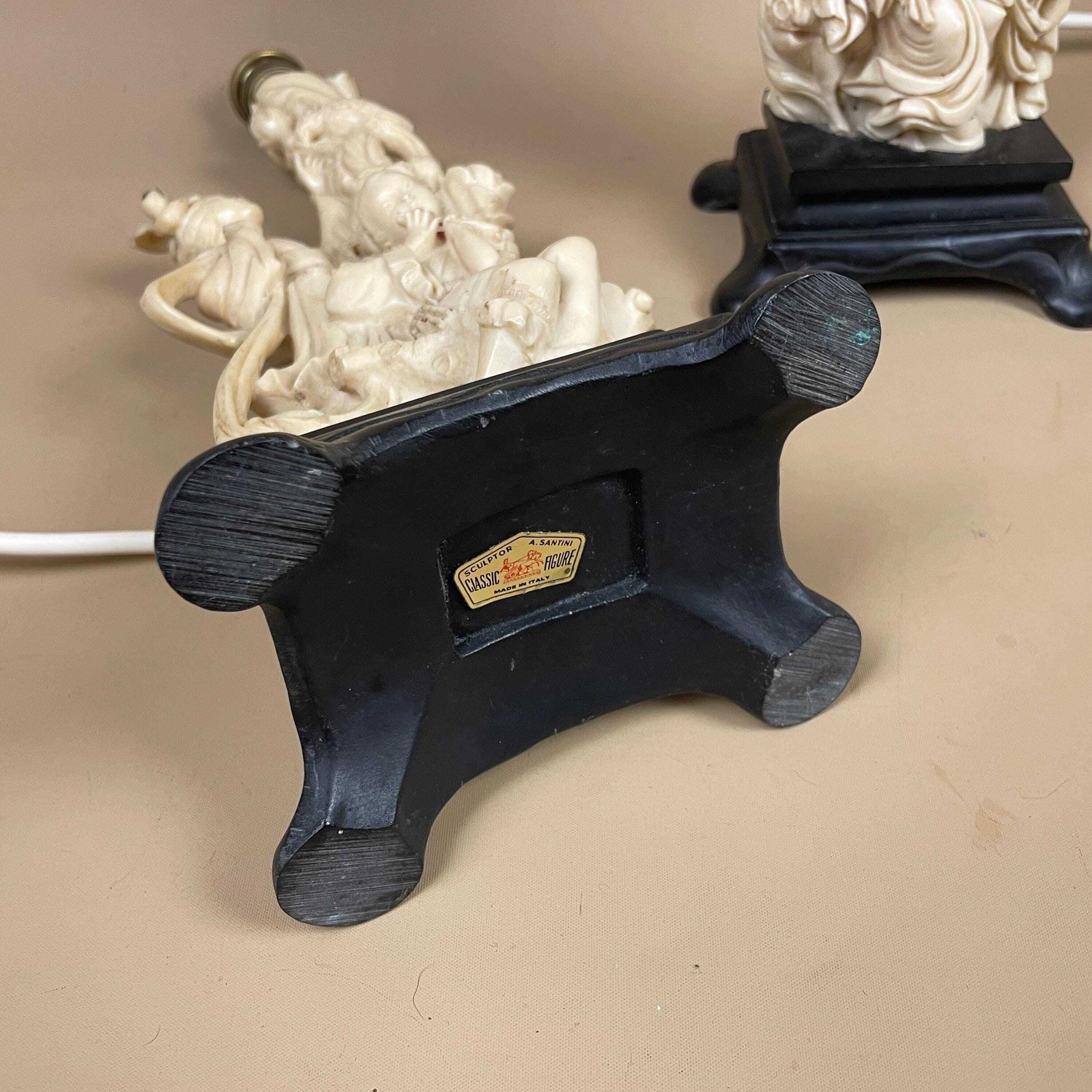 Pair Of Vintage Japanese Ladies Lamps Bedside Side Table Oriental Handmade In Italy Human Figures Black Wooden Base Antique Cream Carved photo buy