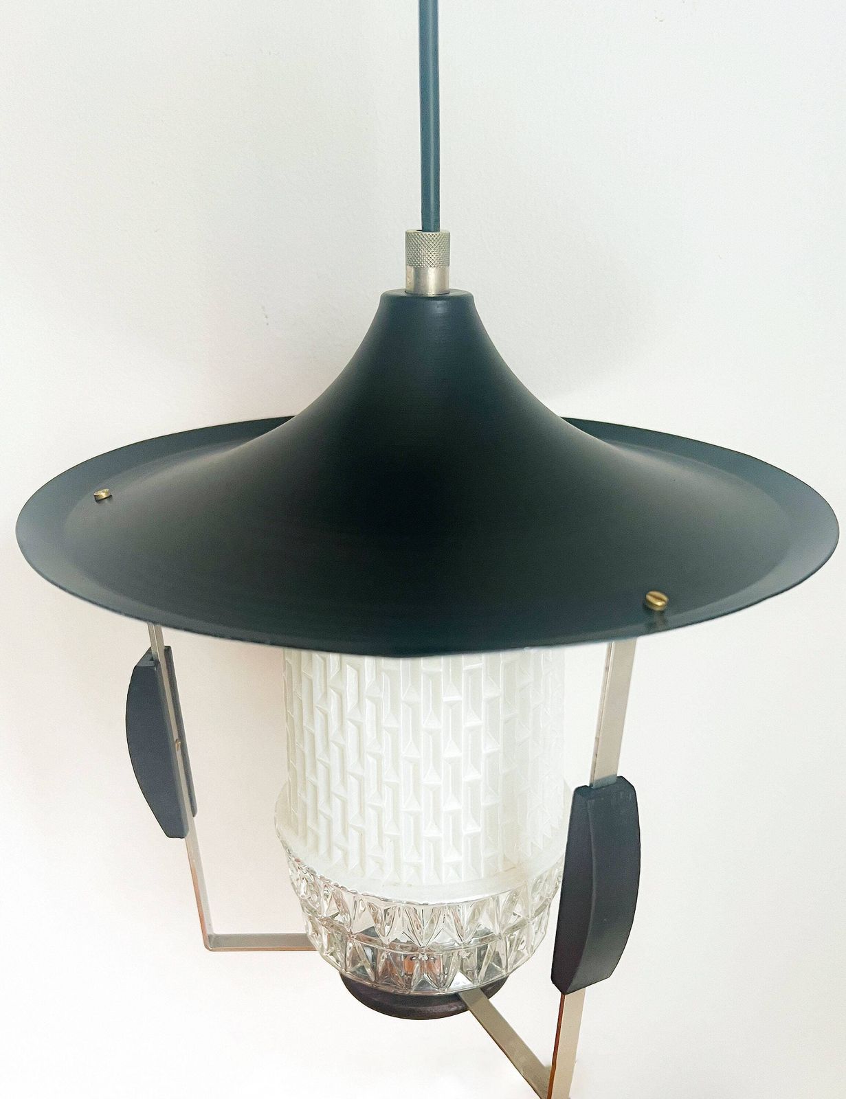 Vintage Pendant Lamp   Wood, (Milk) Glass, Metal   Scandinavian Design   Mid Century   50/60s photo for sale