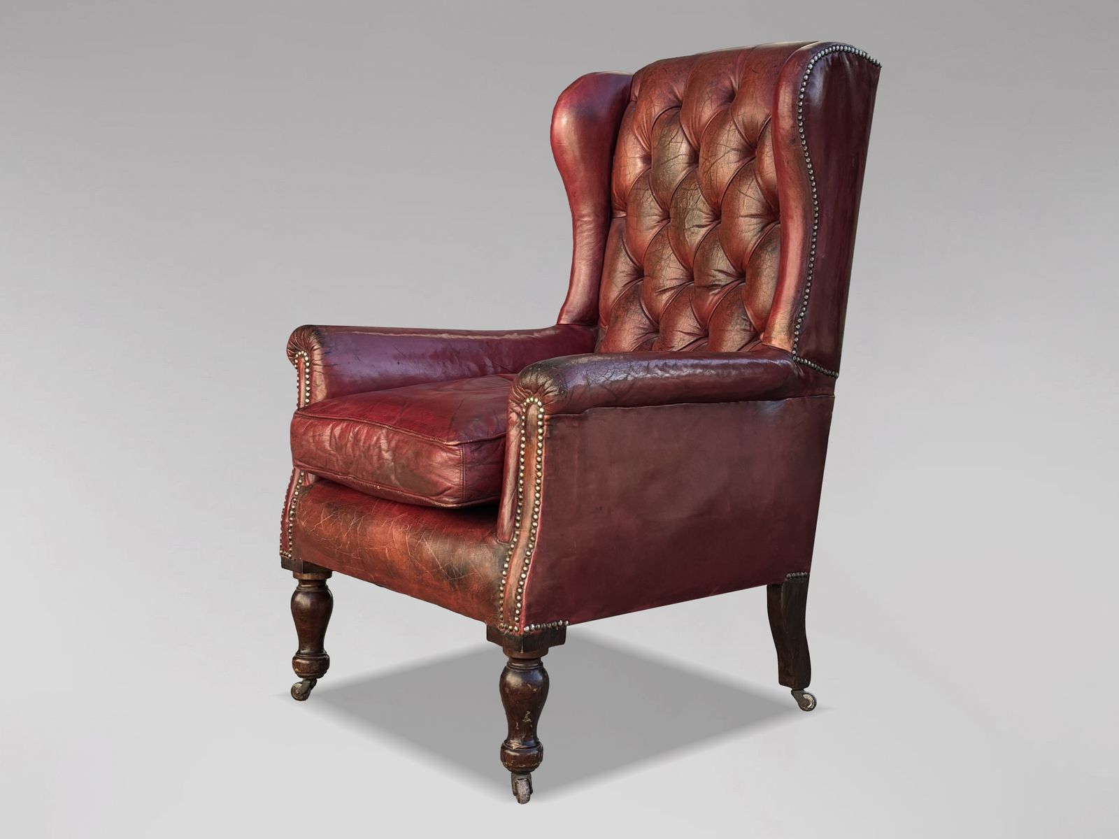 Untouched 19th Century Victorian Period Red Leather Wing Armchair