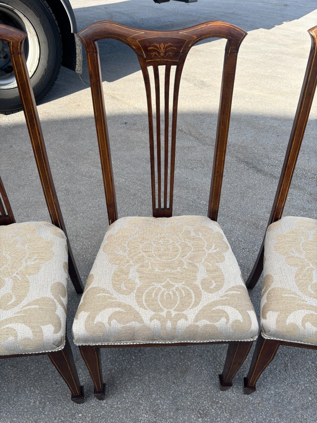 Four Antique Edwardian Mahogany Dining Chairs With Inlay & Upholstered Cushion photo Furniture