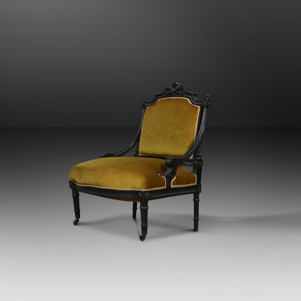Empire French Black Wood And Velvet Armchair, 1850s