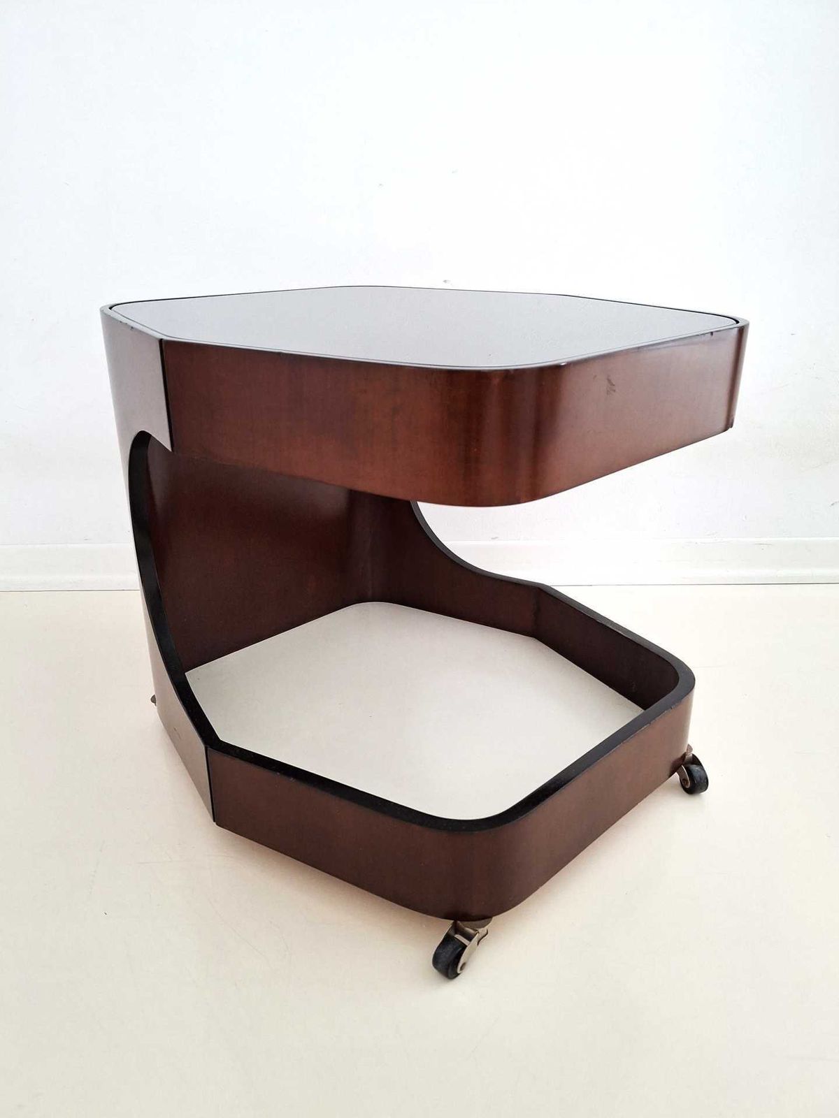 Vintage Italian Coffee Table On Casters – 1970s Design – Smoked Glass & Curved Plywood photo vinterior
