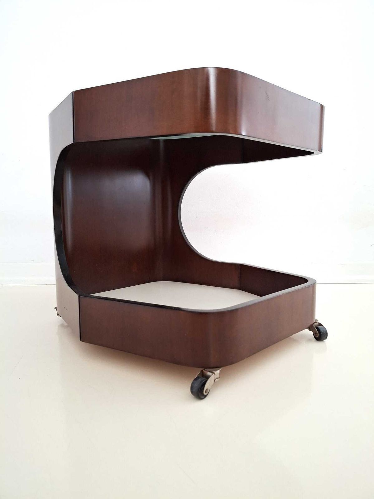 Vintage Italian Coffee Table On Casters – 1970s Design – Smoked Glass & Curved Plywood photo buy
