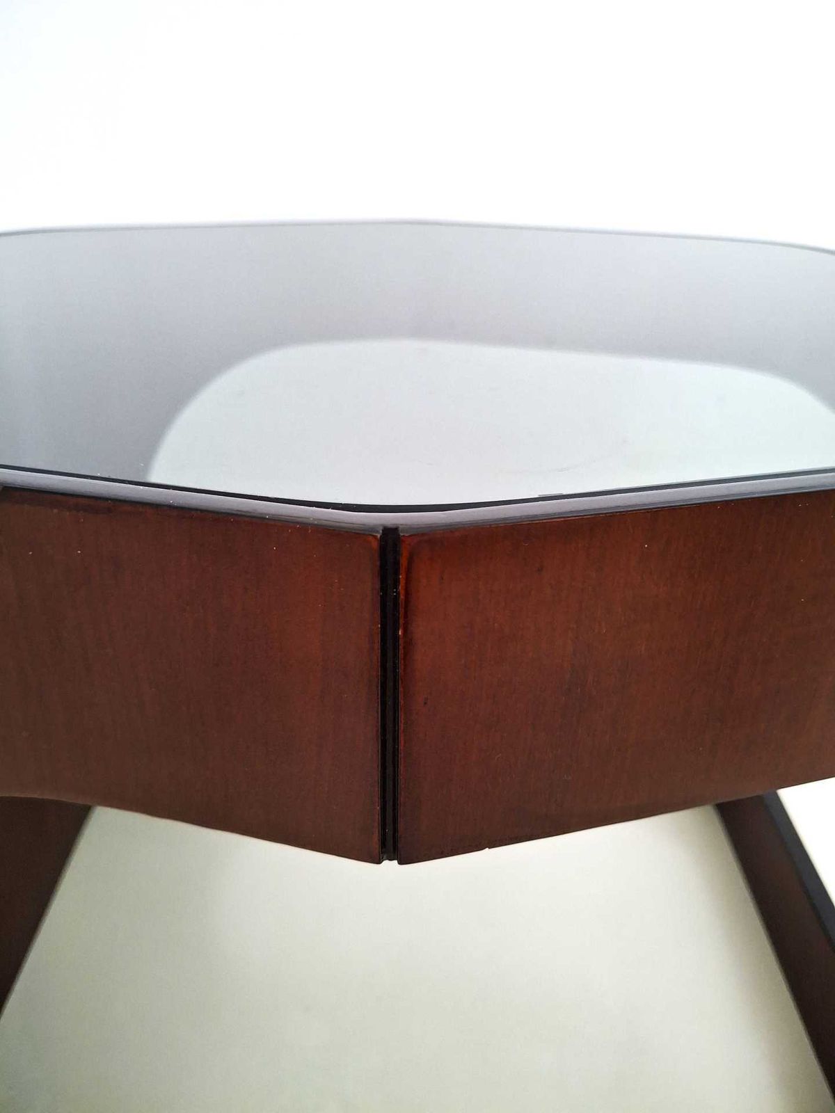 Furniture Vintage Italian Coffee Table On Casters – 1970s Design – Smoked Glass & Curved Plywood photo