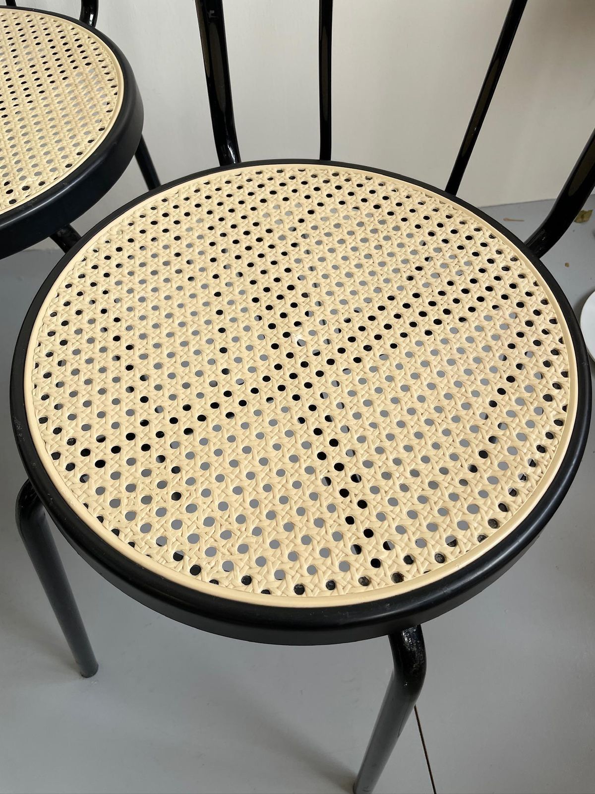 Set Of 3 1980s Black Metal Thonet Designed Dining Cafe Bistro Chairs Plastic Cane photo Furniture