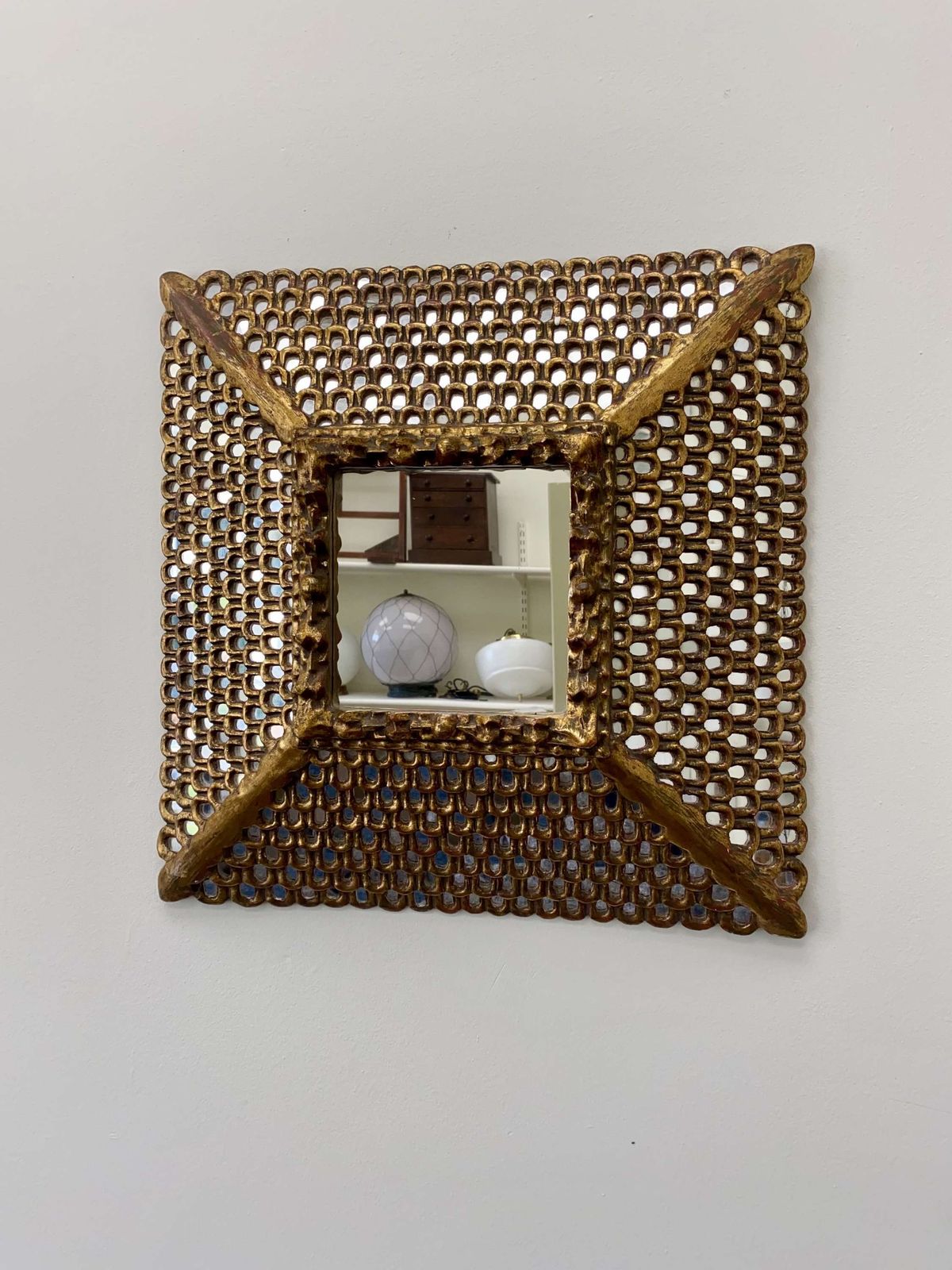 Spanish Colonial Gilt Carved Wood Mirror With Mosaic Mirror Inlays