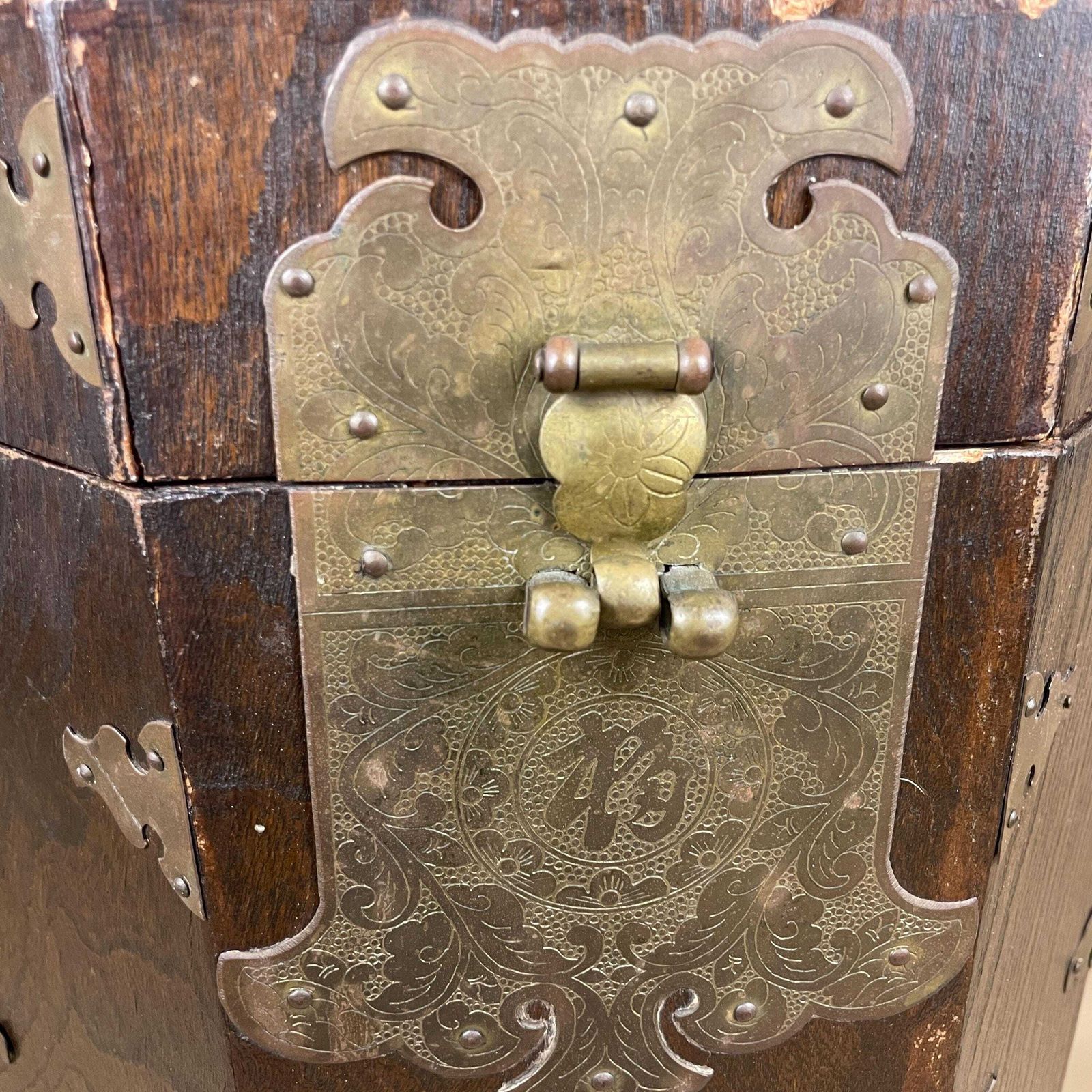 Antique Korean Octagonal Wood Cabinet Chest Brass Mounts Metal Lock Chest Mid Century Hangul Lined End Table Handcrafted Oriental photo furniture