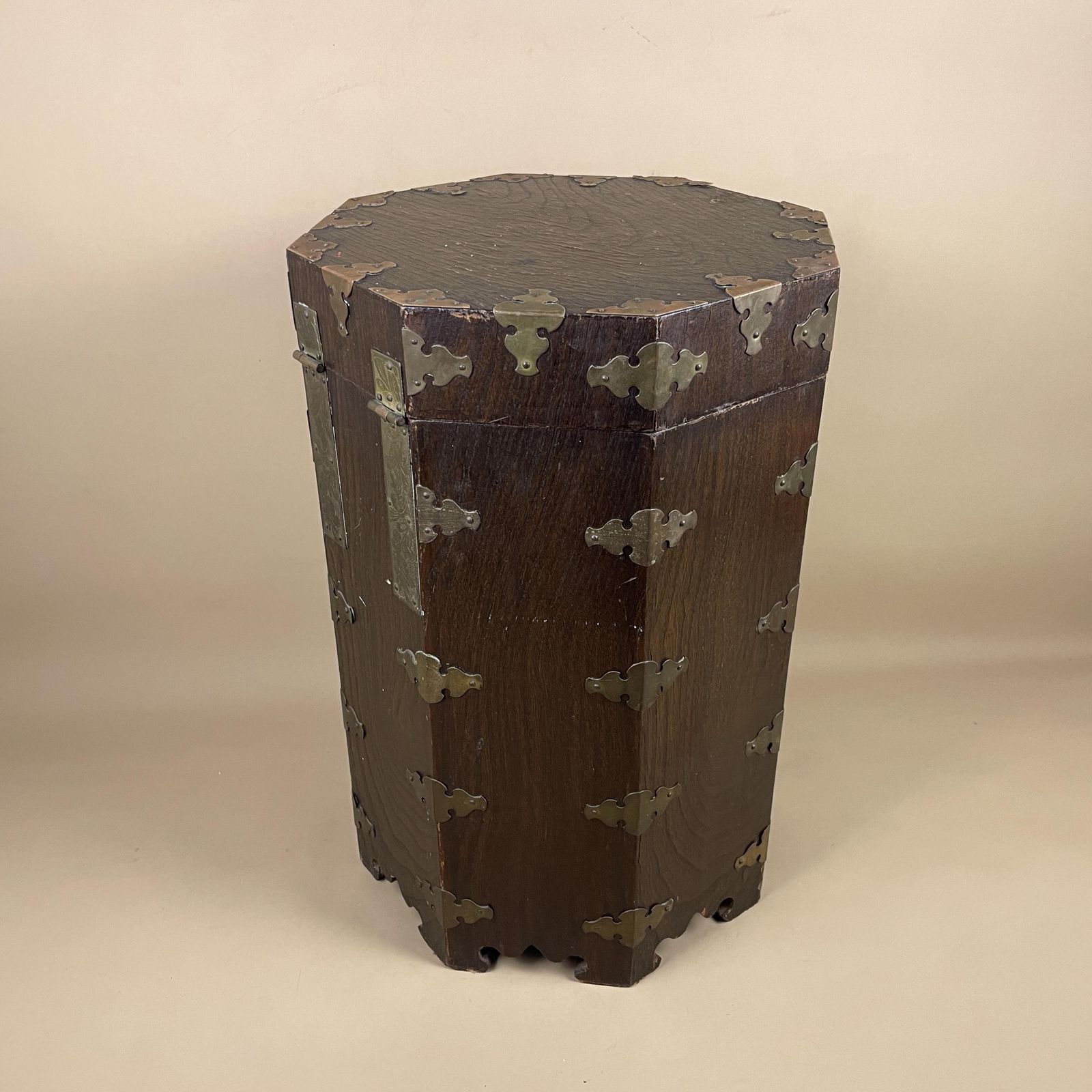 Antique Korean Octagonal Wood Cabinet Chest Brass Mounts Metal Lock Chest Mid Century Hangul Lined End Table Handcrafted Oriental photo buy