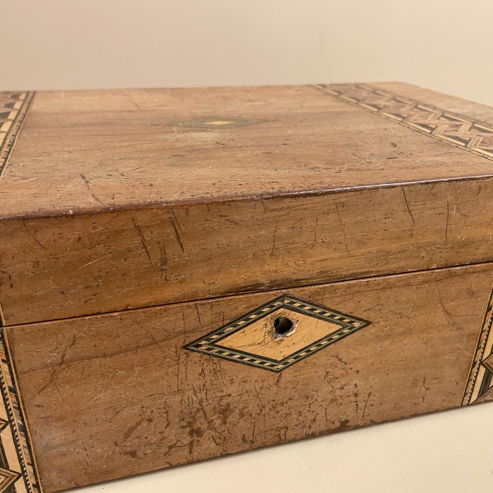 Antique Inlaid Marquetry Box Wooden Writing Box Anglo Indian Desk Jewellery Trinket Storage Chest Handcrafted Intricate Blue Velvet Lining photo for sale