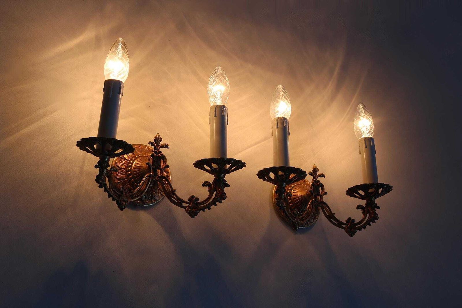 Pair Of Gilt Metal Wall Sconces – French Vintage Style, Floral Motifs, 1960s photo vinterior