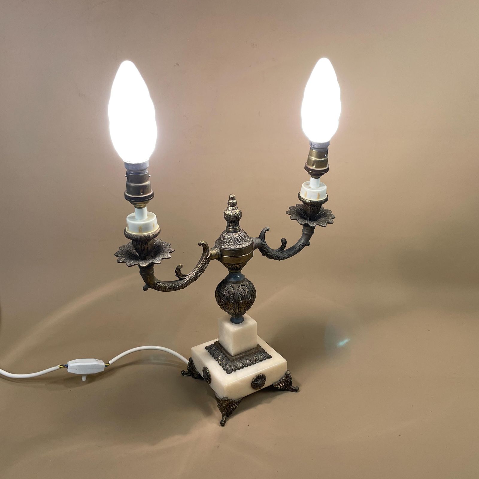 Antique Onyx Marble Lamp Light Brass Metal Gold Ornate Vintage Square Base Feet Marbled Cream Natural Classic 2 Arms Bulbs Candelabra photo for sale