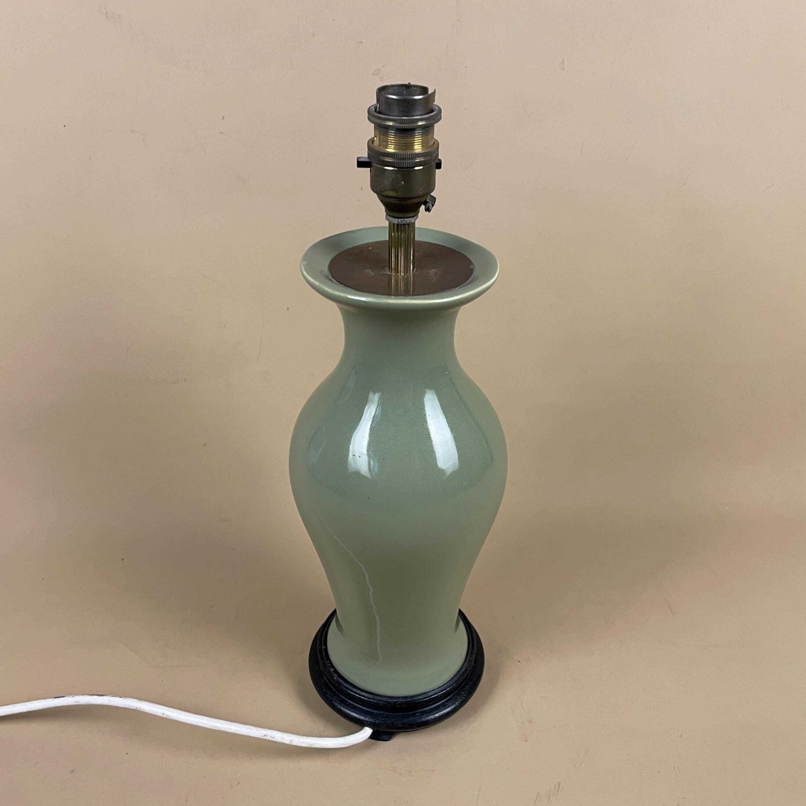 Vintage Ceramic Lamp Light Bedside Table Wood Base Oriental Vase Green Antique Brass Gold Metal Trims Classic Medium photo 75.0