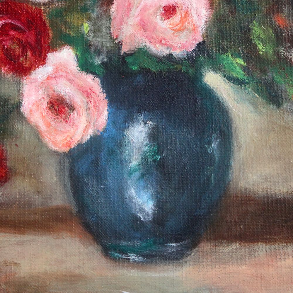 Vintage French Original Oil Painting Of Flowers Roses In Vase Still Life Signed photo for sale