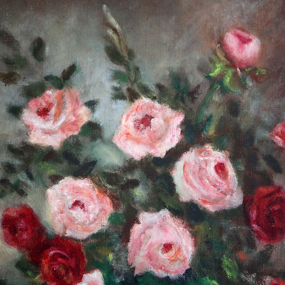 Vintage French Original Oil Painting Of Flowers Roses In Vase Still Life Signed photo Art
