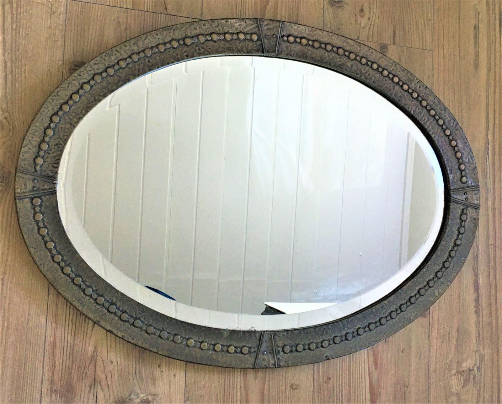 Antique Arts And Crafts Copper Brass Bronze Bevelled Mirror