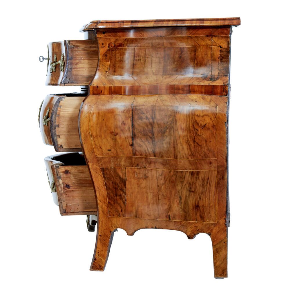 Furniture Early 19th Century Inlaid Walnut Rococo Bombe Chest Of Drawers photo