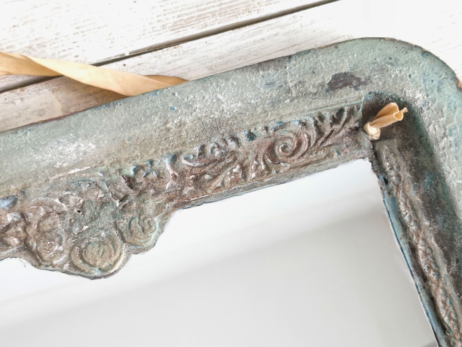 Romantic Blue Metal Wall Mirror With Floral Details And Hanging Ribbon, Distressed Shabby Chic Home Decor photo 68.0